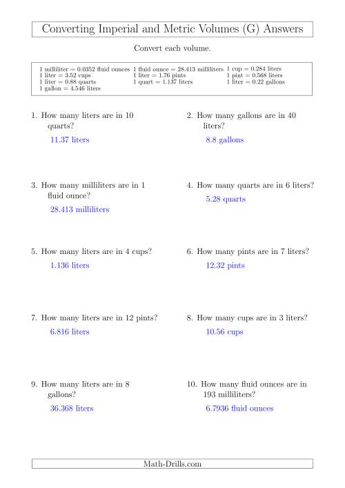 The Converting Between Metric and Imperial Volumes (G) Math Worksheet Page 2