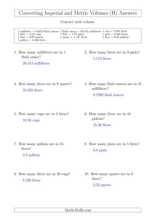 The Converting Between Metric and Imperial Volumes (H) Math Worksheet Page 2