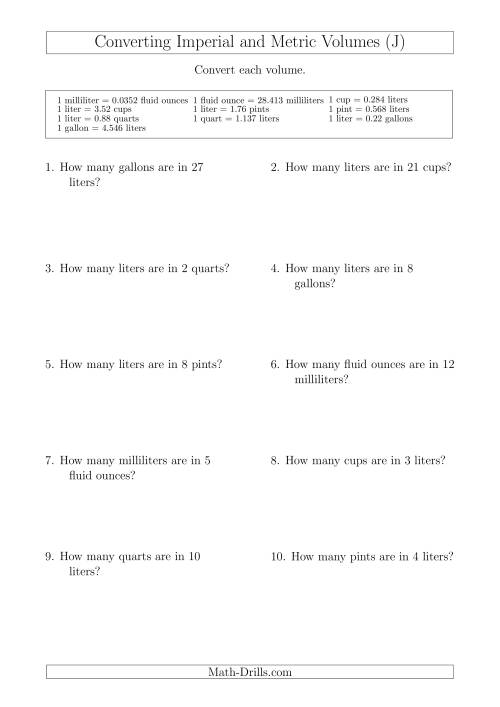 The Converting Between Metric and Imperial Volumes (J) Math Worksheet