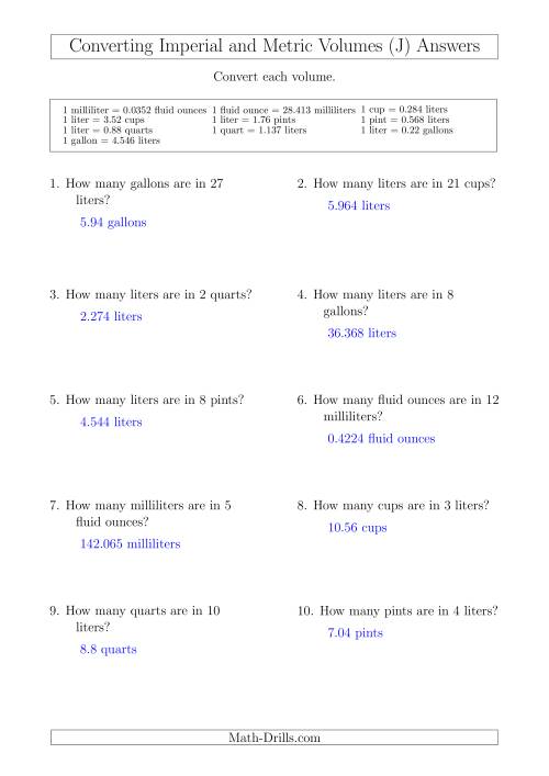 The Converting Between Metric and Imperial Volumes (J) Math Worksheet Page 2