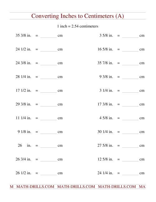 The Converting Inches to Centimeters (A) Math Worksheet