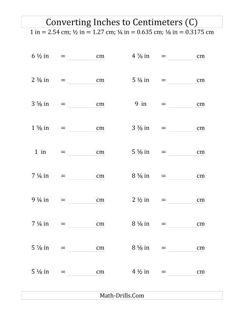 The Converting Inches to Centimeters Including Eighth Inches (C) Math Worksheet