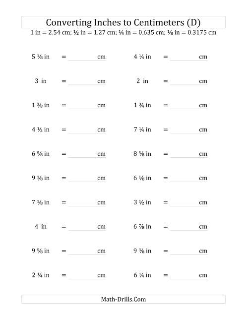 The Converting Inches to Centimeters Including Eighth Inches (D) Math Worksheet