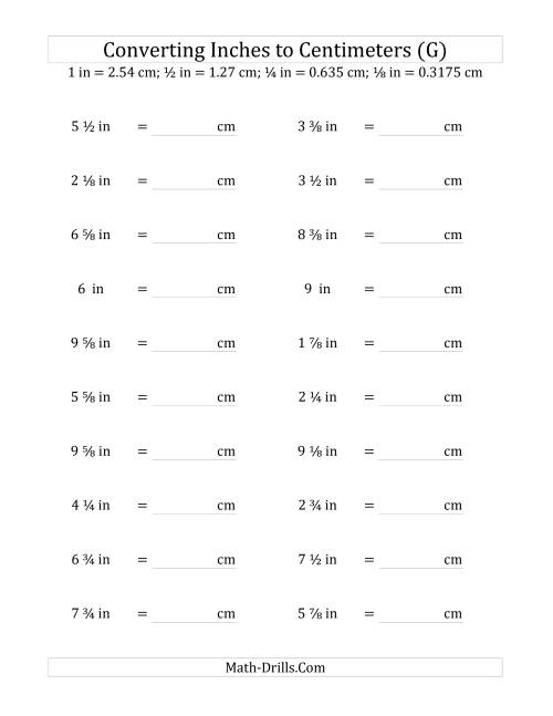 The Converting Inches to Centimeters Including Eighth Inches (G) Math Worksheet