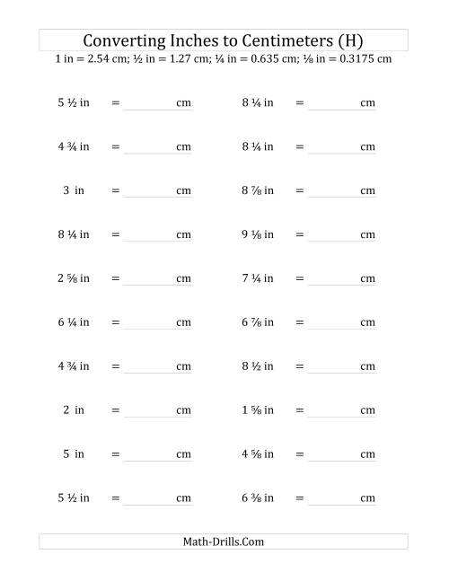 The Converting Inches to Centimeters Including Eighth Inches (H) Math Worksheet