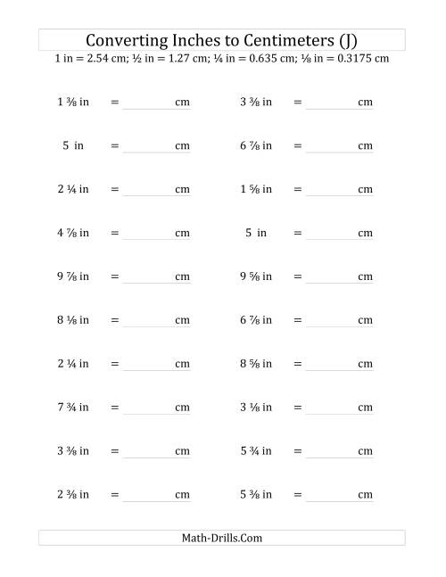 The Converting Inches to Centimeters Including Eighth Inches (J) Math Worksheet