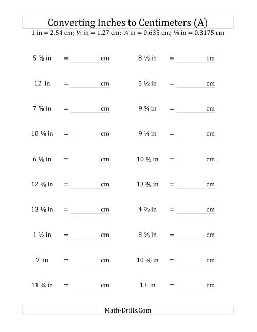 The Converting Inches to Centimeters Including Eighth Inches (All) Math Worksheet