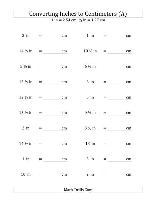 The Converting Inches to Centimeters Including Half Inches (A) Math Worksheet