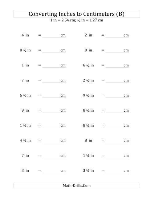 The Converting Inches to Centimeters Including Half Inches (B) Math Worksheet