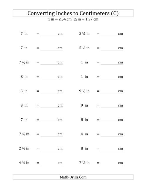 The Converting Inches to Centimeters Including Half Inches (C) Math Worksheet