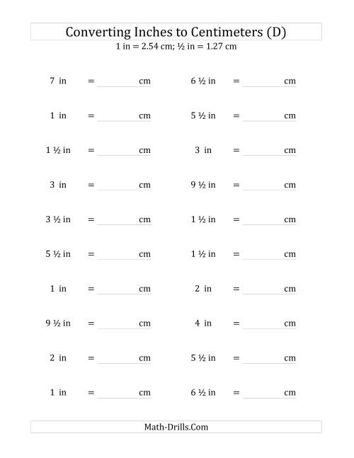 The Converting Inches to Centimeters Including Half Inches (D) Math Worksheet