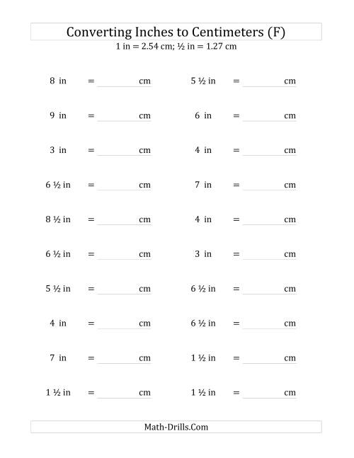 The Converting Inches to Centimeters Including Half Inches (F) Math Worksheet
