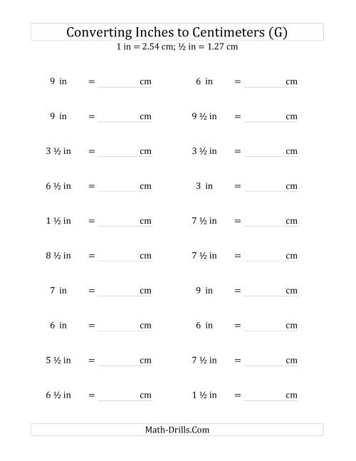 The Converting Inches to Centimeters Including Half Inches (G) Math Worksheet