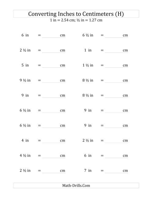 The Converting Inches to Centimeters Including Half Inches (H) Math Worksheet