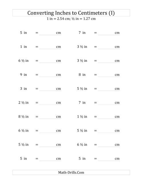The Converting Inches to Centimeters Including Half Inches (I) Math Worksheet