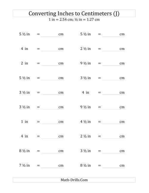 The Converting Inches to Centimeters Including Half Inches (J) Math Worksheet