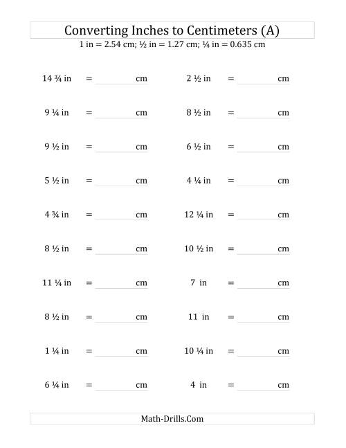 The Converting Inches to Centimeters Including Quarter Inches (A) Math Worksheet