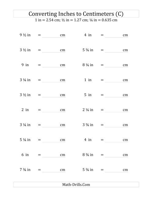 The Converting Inches to Centimeters Including Quarter Inches (C) Math Worksheet
