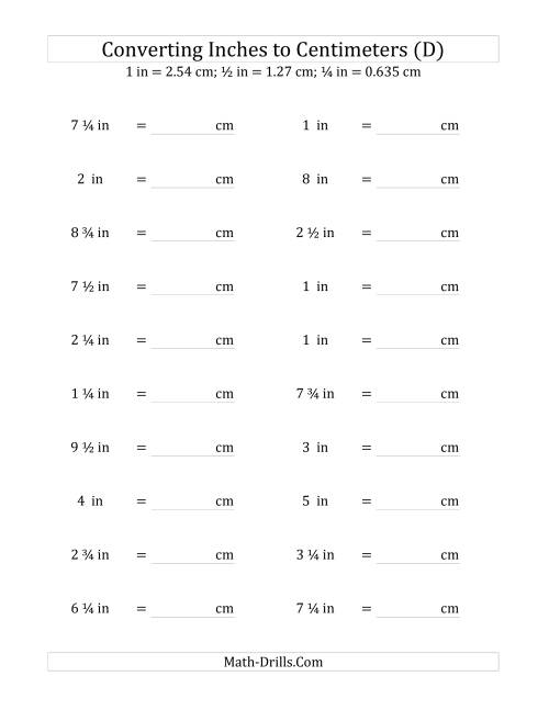 The Converting Inches to Centimeters Including Quarter Inches (D) Math Worksheet