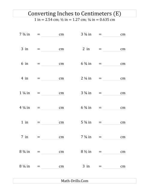 The Converting Inches to Centimeters Including Quarter Inches (E) Math Worksheet