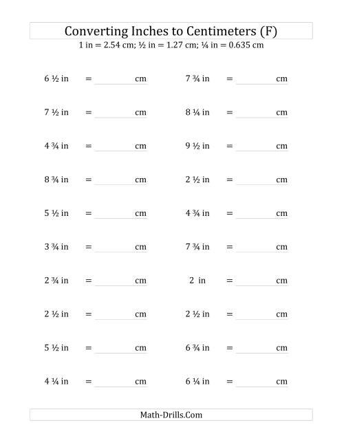 The Converting Inches to Centimeters Including Quarter Inches (F) Math Worksheet