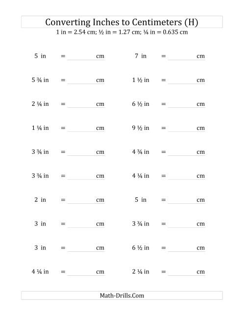 The Converting Inches to Centimeters Including Quarter Inches (H) Math Worksheet