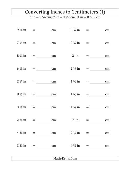 The Converting Inches to Centimeters Including Quarter Inches (I) Math Worksheet