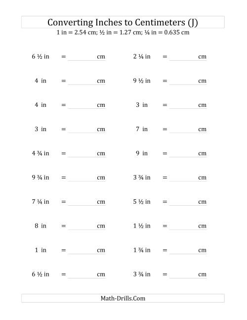 The Converting Inches to Centimeters Including Quarter Inches (J) Math Worksheet