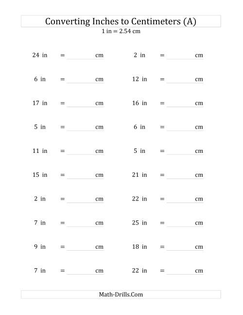 The Converting Whole Inches to Centimeters (A) Math Worksheet
