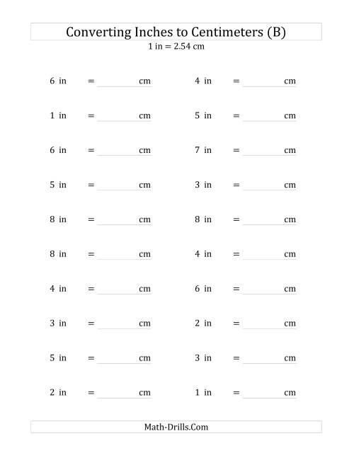 The Converting Whole Inches to Centimeters (B) Math Worksheet