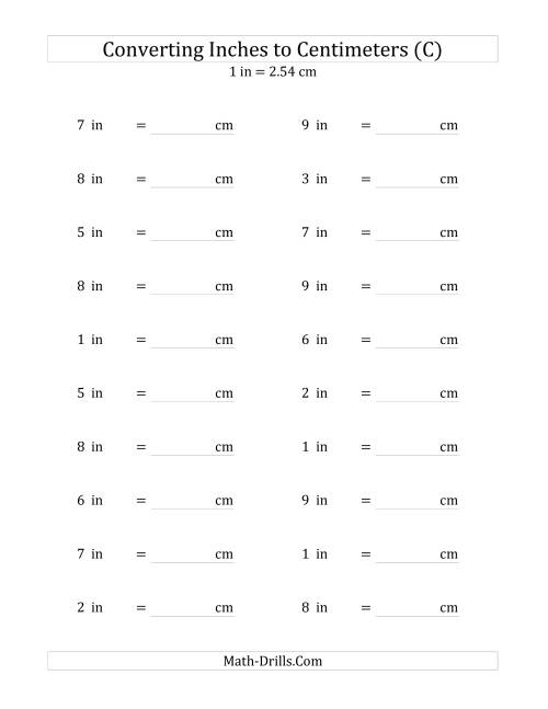 The Converting Whole Inches to Centimeters (C) Math Worksheet
