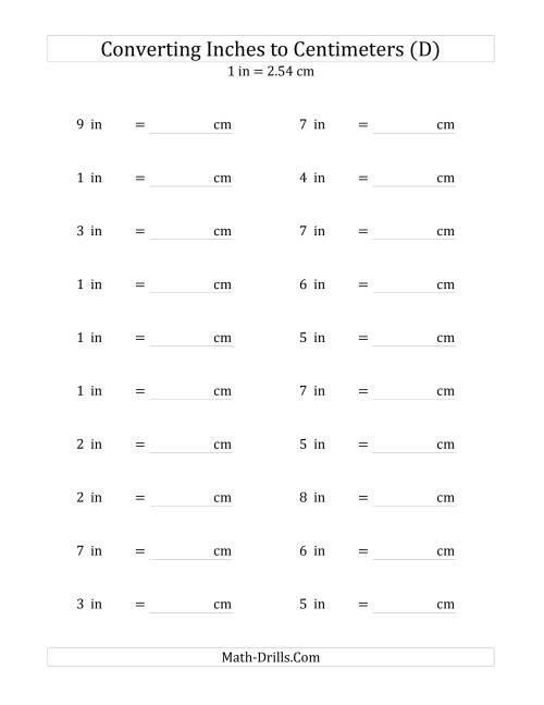 The Converting Whole Inches to Centimeters (D) Math Worksheet