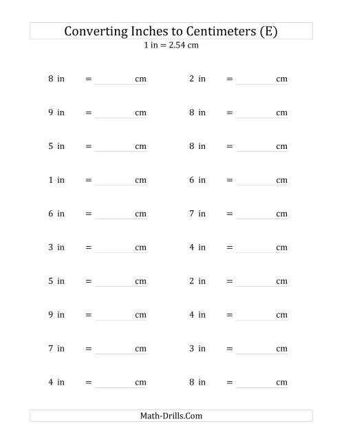 The Converting Whole Inches to Centimeters (E) Math Worksheet