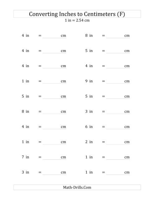 The Converting Whole Inches to Centimeters (F) Math Worksheet