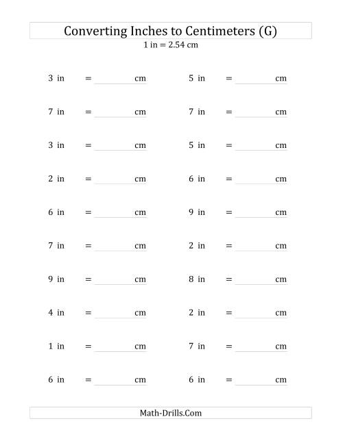 The Converting Whole Inches to Centimeters (G) Math Worksheet