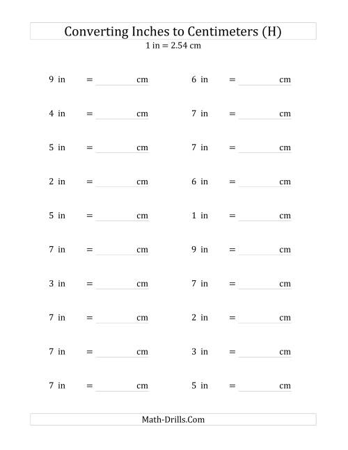 The Converting Whole Inches to Centimeters (H) Math Worksheet
