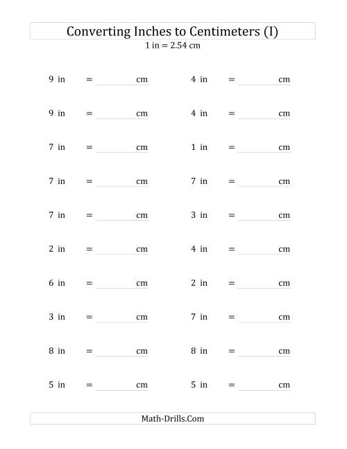 The Converting Whole Inches to Centimeters (I) Math Worksheet