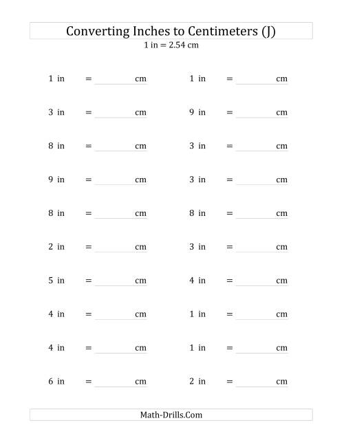 The Converting Whole Inches to Centimeters (J) Math Worksheet