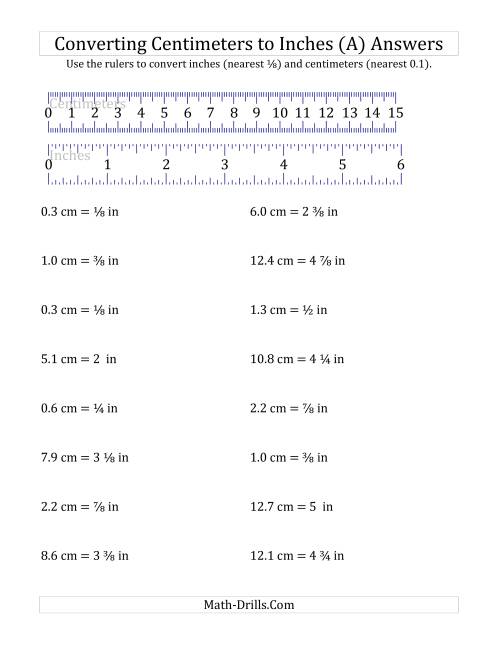 The Converting Centimeters to Inches with a Ruler (A) Math Worksheet Page 2