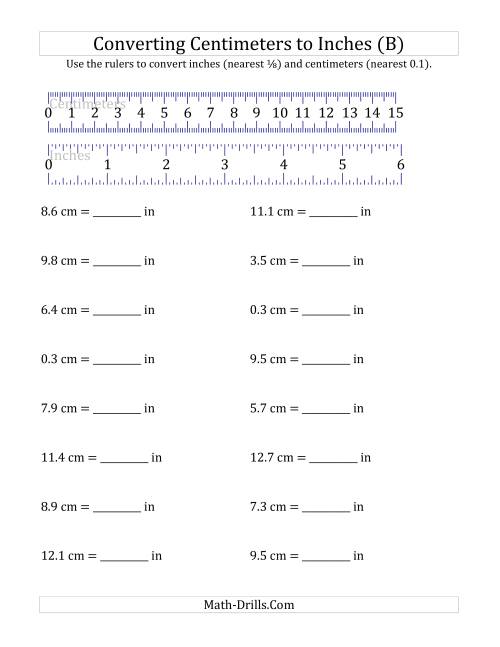 The Converting Centimeters to Inches with a Ruler (B) Math Worksheet