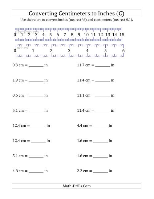 The Converting Centimeters to Inches with a Ruler (C) Math Worksheet