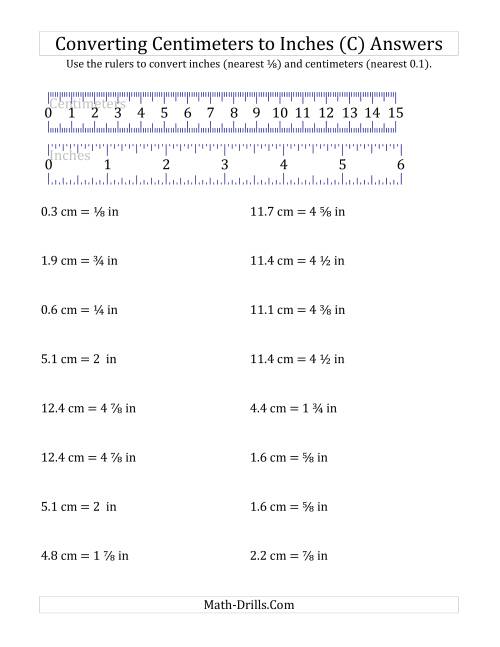 The Converting Centimeters to Inches with a Ruler (C) Math Worksheet Page 2