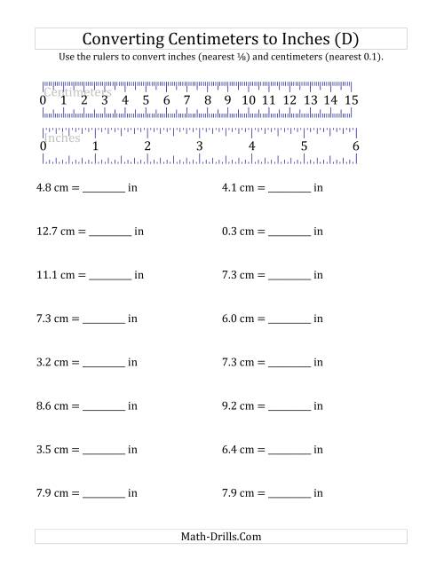 The Converting Centimeters to Inches with a Ruler (D) Math Worksheet