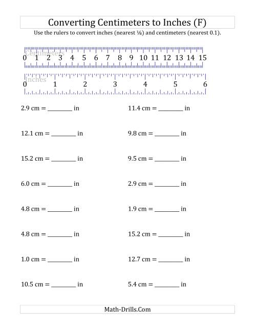 The Converting Centimeters to Inches with a Ruler (F) Math Worksheet