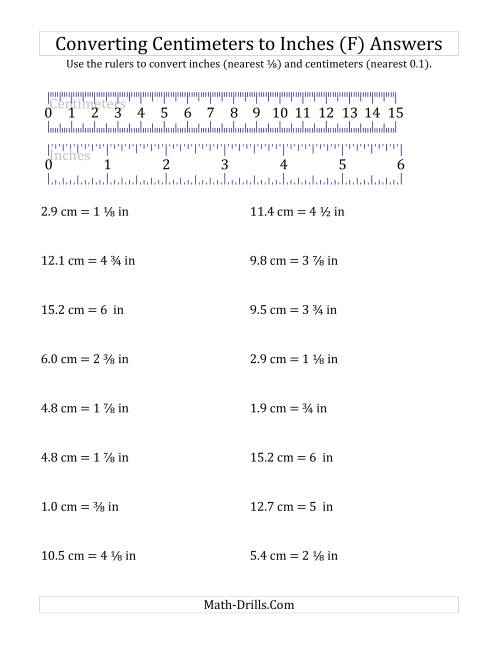 The Converting Centimeters to Inches with a Ruler (F) Math Worksheet Page 2