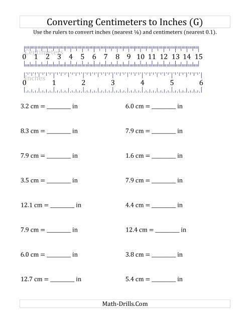 The Converting Centimeters to Inches with a Ruler (G) Math Worksheet