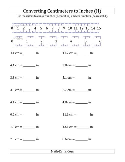 The Converting Centimeters to Inches with a Ruler (H) Math Worksheet