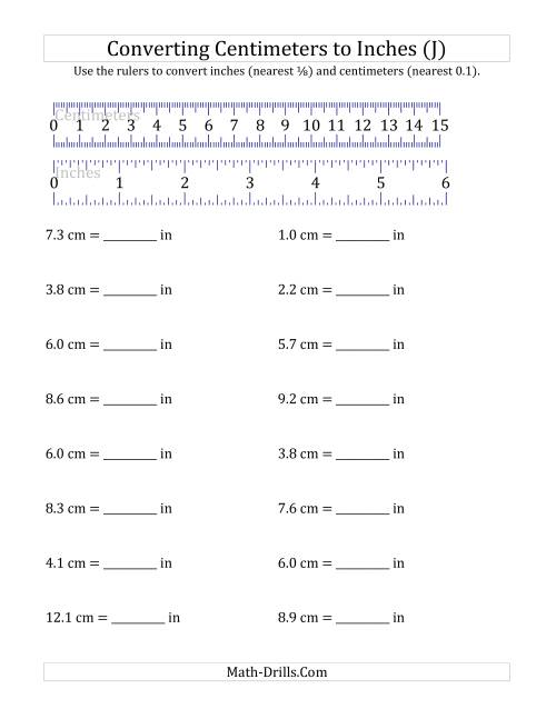 The Converting Centimeters to Inches with a Ruler (J) Math Worksheet