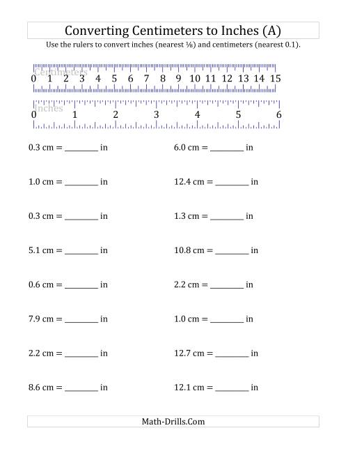 The Converting Centimeters to Inches with a Ruler (All) Math Worksheet