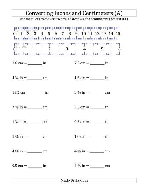 The Converting Between Inches and Centimeters with a Ruler (A) Math Worksheet